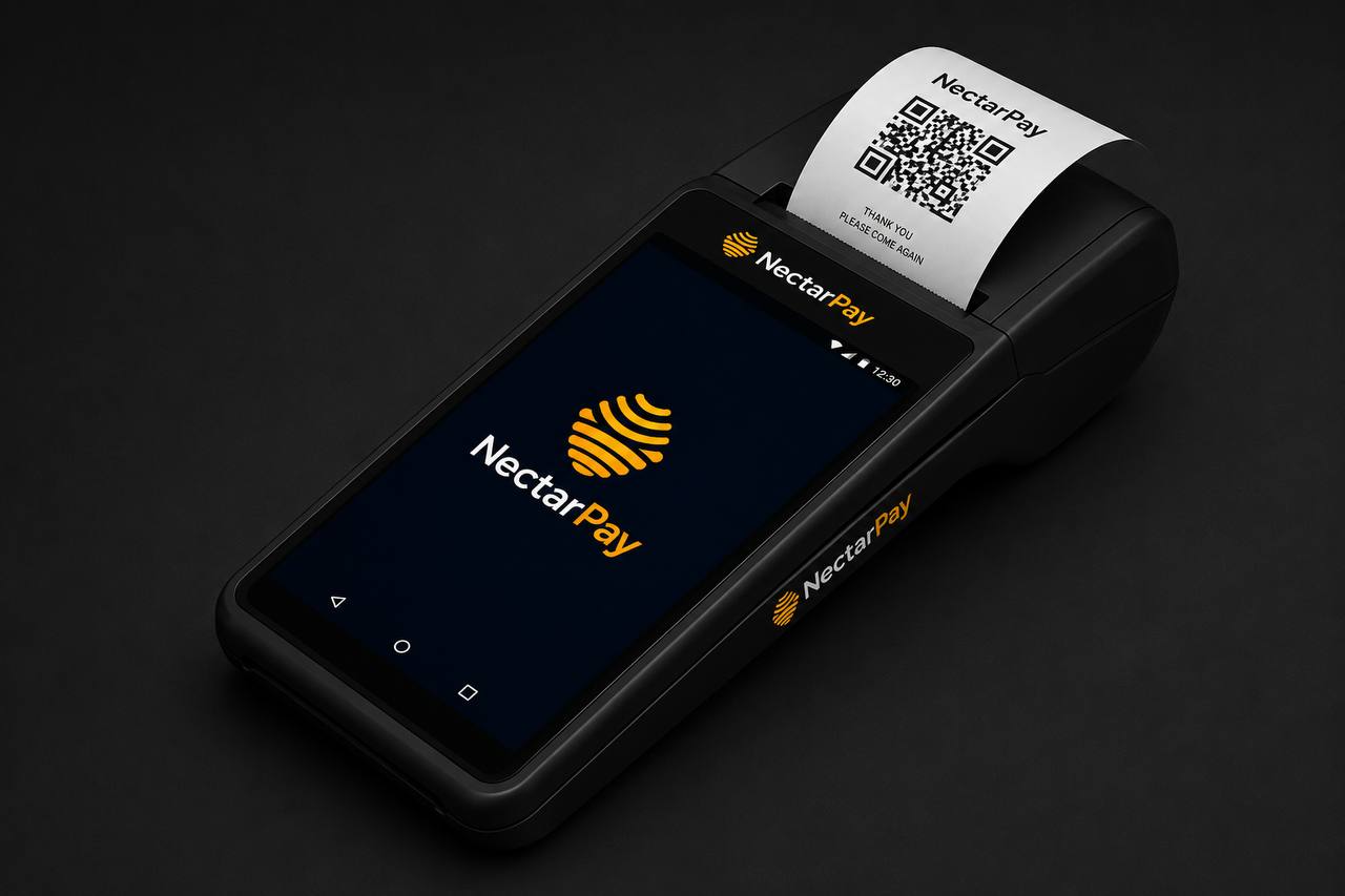 NectarPay POS terminal with BeeKeeper cold-storage coin and printed QR receipt